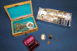 Selection of costume jewellery including Pinchbeck cameo brooch, brass lion fob, stick pins, retro