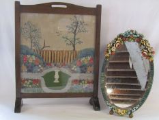 Fire screen with wool work tapestry and hanging/standing mirror