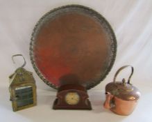 Collection of brass and copper items, to include a large brass dish approx. 66cm diameter, a lantern
