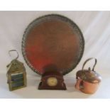 Collection of brass and copper items, to include a large brass dish approx. 66cm diameter, a lantern