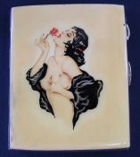 Silver cigarette box featuring painted panel depicting nude lady, Birmingham 1934