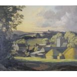 Gilt framed oil on canvas depicting farm house and farm buildings, 77cm x 67cm, marked in pen on