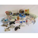 Collection of sewing items to include lace making bobbins, buttons, thread etc