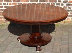 Victorian mahogany tilt top circular table on a pedestal with paw feet Dia. 132cm