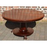 Victorian mahogany tilt top circular table on a pedestal with paw feet Dia. 132cm