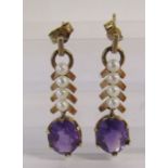 A pair of 9ct gold amethyst and pearl earrings approx. 2.8cm drop total weight 4.2g