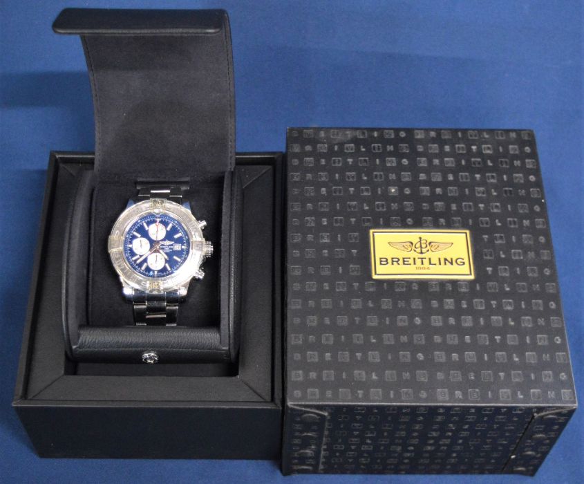 Breitling Super Avenger II steel gents chronograph wristwatch with plastic bezel protector,