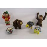 Collection of wind up toys to include a walking bear, Kohler bird (no key), monkey (no key),