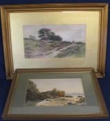 Gilt framed watercolour depicting woman walking along a country track signed J A Aitken 69.5cm x