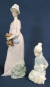 2 Lladro figurines: lady holding puppy (30cm high) & boy kneeling with sheep (15cm high)