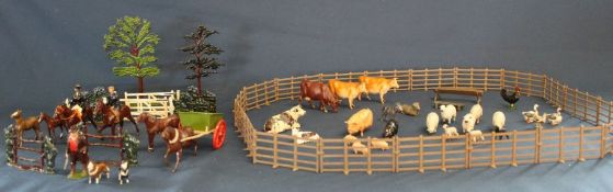 Selection of lead farm animals, figures, fences, gates, most marked Britains