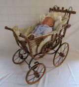 Metal, wood and wicker vintage effect pram with stitched pillow for Prince George and a Reborn