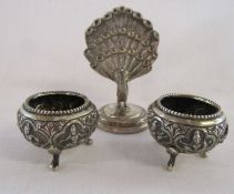 2 Indian white metal salts and a peacock menu holder
