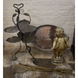 Wrought iron stand, plaster figure of a girl, silver plate tray & brass fire irons