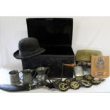 Small metal trunk, bowler hat, kukri knife (the blade marked India) & sheath, Goose Bay plaque,