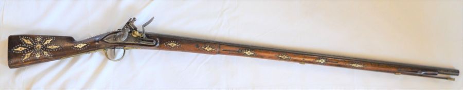 19th century possibly Anglo Indian bone inlaid flintlock musket with etched barrel L 142cm