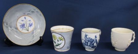 Worcester porcelain cup & saucer with marble decoration and floral cartouches, Bow porcelain cream