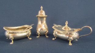 Mappin & Webb Ltd 1973 and 1975 silver cruet set one missing liner with W S Savage & Co spoons -