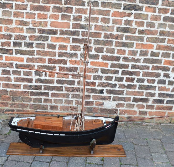 Hand built scale model of a Brittany fishing boat on stand. Length from bow to stern 107cm total