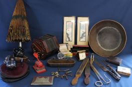 Vintage parasol, concertina, Abu 501 & 506 fishing reels, cigarette cards, strops, old keys, address