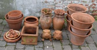 Set of six large terracotta plant pots, pair of dogs & various other terracotta pots