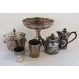 Mixed selection of silver plate to include Mappin & Webb Seacroft golf club tankards, ice bucket
