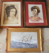 2 watercolour portraits of young women & a ship at sea