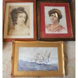 2 watercolour portraits of young women & a ship at sea