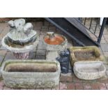 Two bird baths, three troughs & a cast iron dog door stop