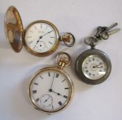 3 pocket watches - Fine silver A.M fob watch - Trenton yellow metal pocket watch and  Gold plated