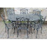 Cast alloy patio table with 6 chairs & cushions