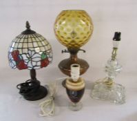 Table lamps to include Whitbred bar lamp, a converted oil lamp (no electrics) a Tiffany style lamp