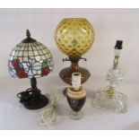 Table lamps to include Whitbred bar lamp, a converted oil lamp (no electrics) a Tiffany style lamp