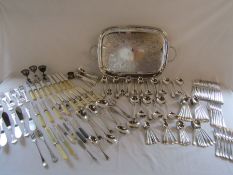 Silver plate serving tray and a large collection of mixed cutlery - also include a small knife