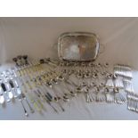 Silver plate serving tray and a large collection of mixed cutlery - also include a small knife