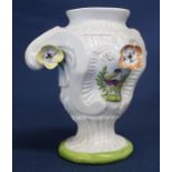 18th century Longton Hall moulded Rococo pedestal scroll vase with applied flowers and two panels
