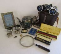 Mixed collection of items to include Pheonix binoculars, magnifying glass, white metal items etc