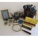 Mixed collection of items to include Pheonix binoculars, magnifying glass, white metal items etc