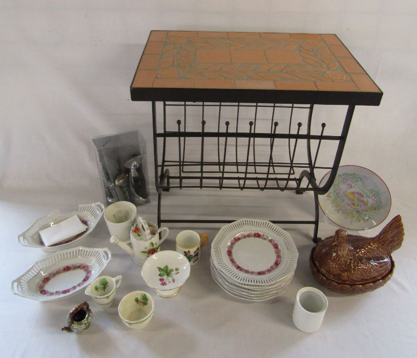 Terracotta tiled heavy side table, Minton, chicken egg holder etc