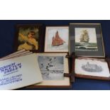 Old Chapel Pudsey print in Oxford frame, 2 amateur watercolours depicting ships, Peter Scott print &