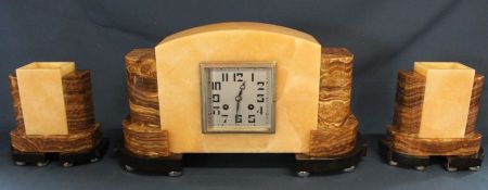 Art Deco onyx & marble clock garniture with striking F Marti movement