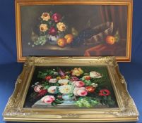 Large oil on board depicting still life of fruit and flowers with indistinct signature 86cm x 46cm &