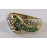 Snake head design 9ct QVC ring wet with emeralds and diamonds - ring size R - total weight 3.6g