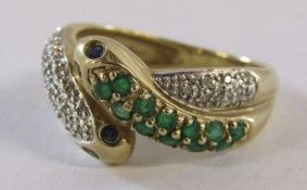 Snake head design 9ct QVC ring wet with emeralds and diamonds - ring size R - total weight 3.6g