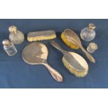 Walker & Hall 1925 Silver dressing table set, silver topped glass jars and an extra hair brush