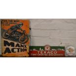 Small Ducati enamel sign, Texaco sign & a Manx Action replica sign printed onto tin
