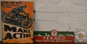 Small Ducati enamel sign, Texaco sign & a Manx Action replica sign printed onto tin