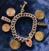 9ct gold charm bracelet with 4 full sovereigns (2 x 1910, 1911 & 1967), half sovereign (1912), 2 9ct