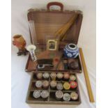 Small suitcase with contents to include wooden school rulers, vintage powder paints, Japanese