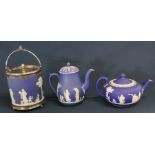 Wedgwood blue jasperware biscuit barrel, teapot & coffee pot